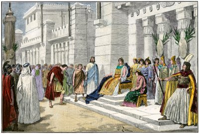 Griekse en Romeinse mythologie: Didon (of Elisha of Elissa), legendarische stichter en eerste koningin van Carthago (Tunesië), ontvangt Enee, de held van de Trojaanse Oorlog en stichter van Lavinium, oorspronkelijk uit Rome (Italië) - Kleurgravure 19e eeuw door Unbekannter Künstler
