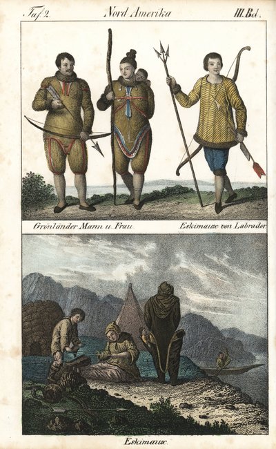 Groenlandse bewoners in huiden en een Inuit uit Labrador (Canada) met een drietand. Hieronder een dagelijks tafereel van het leven van een Inuit-familie voor een iglo, een tent en een kano, Noord-Amerika. Lithografie voor het boek: “Galerie complete en tab door Unbekannter Künstler