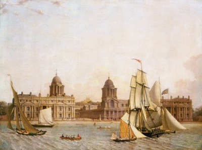 Greenwich Hospital (Engeland), vanaf Isle of Dogs (noordelijke oever van de Theems), met de navigatie van verschillende boten op de rivier door Unbekannter Künstler