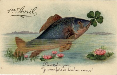 Wenskaart voor 1 april: vis met een klavertjevier - Ansichtkaart eind 19e-20e eeuw door William M. Timlin
