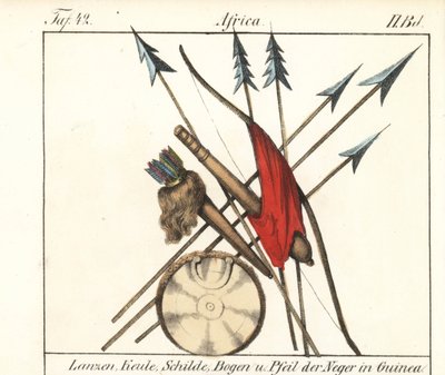 Guinee Conakry wapens, speren, knuppels, boog en pijlen in hun koker, schild. Lithografie voor het boek: “Galerie complete en tableaux fideles des peuples d