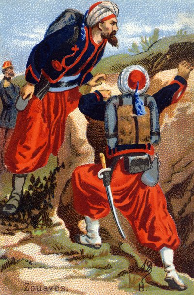H: Zouaven. Gravure in "Militair Alfabet". Initialen van de illustrator: A. D. Onbekende uitgever. Chromolithografieën eind 19e eeuw. Dim: 10,5x7cm door Unbekannt
