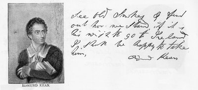 Handschrift en handtekening van Edmund Kean door Unbekannt