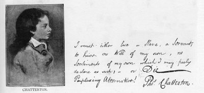 Handschrift en handtekening van Thomas Chatterton uit een brief aan William Barrett als antwoord op Barrett