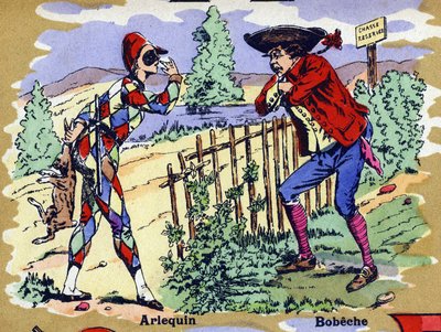 Harlekijn en Bobeche. Geïllustreerd alfabet. Beelden verenigd in Jarville-Nancy, begin 20e eeuw. Dim: 40 x 29 cm. Lithografie op een bistre achtergrond door William M. Timlin