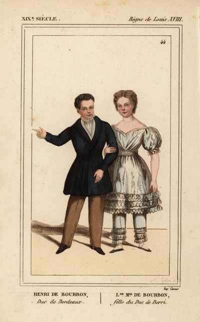Henry, Graaf van Chambord, Hertog van Bordeaux en Louise Marie Therese van Artois, dochter van de Hertog van Berry. Handgekleurde lithografie door Madame Calon uit Le Bibliophile Jacob aka Paul Lacroix