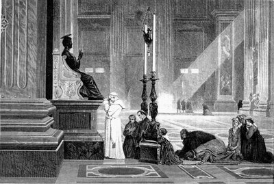 Geschiedenis van het oude Rome. Paus Pius IX in gebed voor het standbeeld van Sint-Pieter in de Vaticaanse Basiliek Gravure G.Laplant 1867 door Unbekannt