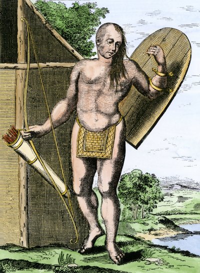 Geschiedenis van inheemse volkeren: Een Indiaan uit Canada met een schild, een boog en pijlen in een koker door Unbekannter Künstler