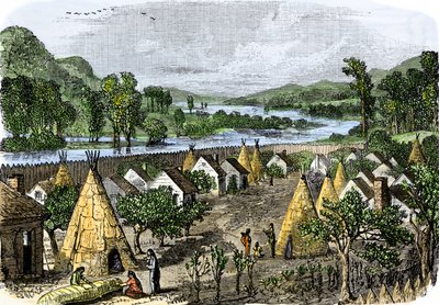 Geschiedenis van inheemse volkeren: Mohawk-dorp, New York, circa 1780 door Unbekannter Künstler