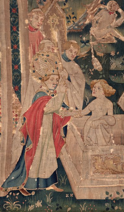 Geschiedenis van Sint Piat en Sint Eleuthère, ook wel tapijt van Arras genoemd. Besteld door kanunnik Toussaint Prier, kapelaan van de hertog van Bourgondië, eind 14e-begin 15e eeuw. 22m x 2m. Detail (tapijt) door Unbekannter Künstler