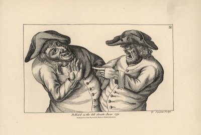 Hodge en Roaf beschuldigen elkaar van het achterlaten van een pot urine in plaats van een kruik bier. Gravure door Thomas Sanders naar een satirische illustratie van Timothy Bobbin (John Collier) uit Human Passions Delineated, John Haywood, Manchester door Unbekannter Künstler