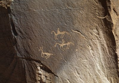 Jachtscène, rotstekening, Ledge Ruin, Canyon de Chelly National Monument, Navajo Indian Reservation, Arizona, VS (foto) door Benjamin Baud