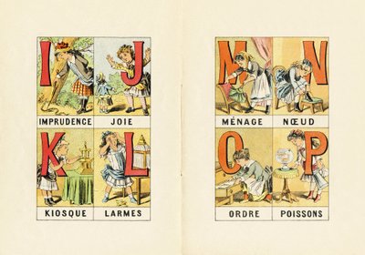 I - Onvoorzichtigheid; J - Vreugde; K - Kiosk; L - Tranen; M N O P - Huishouden, Knoop, Orde, Vissen - Gravure uit ABCD des petites filles, Pellerin & Cie, Epinal, circa 1890 door Unbekannt