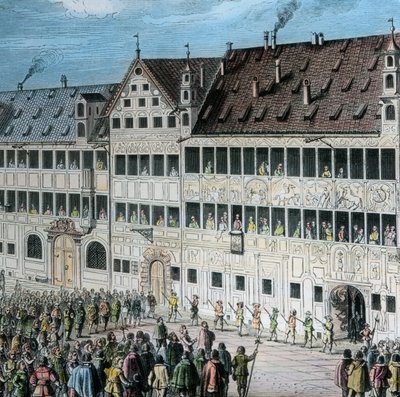Voor het Fuggerhuis op de Weinmarkt in de stad Augsburg brengen de mensen eer aan de Zweedse koning Gustav Adolf door Unbekannter Künstler