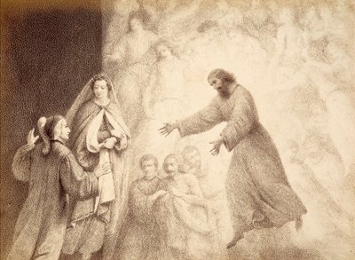 In de sfeer van Mars ontmoet Dante de geest van zijn voorouder Cacciaguida. Illustratie van Canto XV in Paradiso van De Goddelijke Komedie door Dante Alighieri. Werk van Francesco Scaramuzza gewijd aan de gemeente Florence. door Unbekannter Künstler