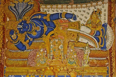 India, Tamil Nadu, Srirangam, Sri Ranganathasvami Hindoe Tempel, muurschildering van Vishnu door Unbekannt