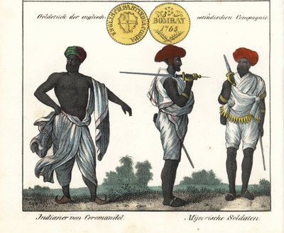 Indiase kostuums: een man van de Coromandelkust en twee soldaten uit Mysore. Met een gouden munt van de Oost-Indische Compagnie. Lithografie voor het boek: "Galerie complete en tableaux fideles des peuples d