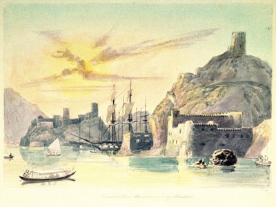 Binnenaanzicht van de haven van Muscat (Oman), met beschrijving van versterkte gebouwen en afgemeerde schepen. Lt-Col. Schilderij door Charles Hamilton Smith door Unbekannter Künstler