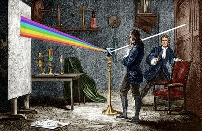 Isaac Newton verspreidt licht met een glazen prisma door Unbekannter Künstler