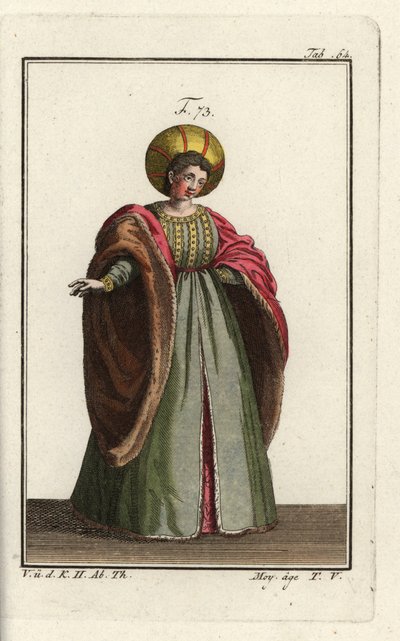 Italiaanse edelvrouw in hofkleding met bontgevoerde jas met volumineuze mouwen door Unbekannter Künstler