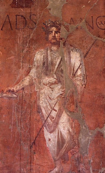 Italië: Archeologische site van Pompeii aan de voet van de Vesuvius: Muurfresco door William M. Timlin