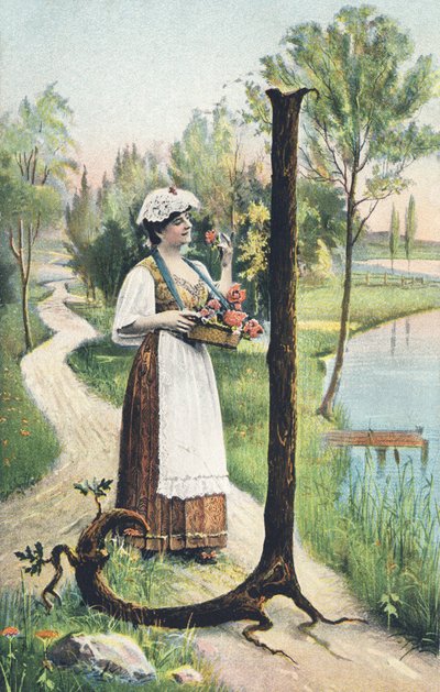 J : Een vrouw in een lange rok, schort en lijfje draagt een mand met bloemen. Landelijke omgeving - Alphabet personages Ref Th. E., L. Theochrom - Serie 994. Theodor Eisman, uitgever, Leipzig door Unbekannt