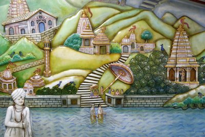 Jalaram Prathna hindoe tempel, Leicester. Kunstwerk dat het leven van Jalarambapa uitbeeldt, Verenigd Koninkrijk door Unbekannt
