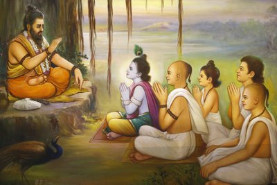 Jalaram Prathna hindoetempel, Leicester. Fresco. Krishna en toehoorders luisteren naar Balarama. Verenigd Koninkrijk door Unbekannt