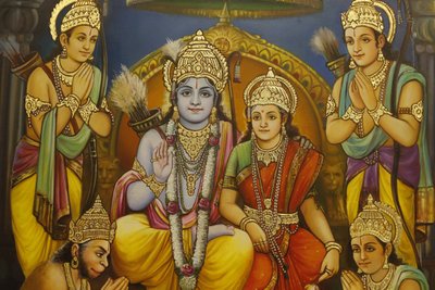 Jalaram Prathna hindoetempel, Leicester. Fresco. Ram, Sita met Lakshman aan Rams rechterkant en Hanuman knielend, en toegewijden Verenigd Koninkrijk door Unbekannt