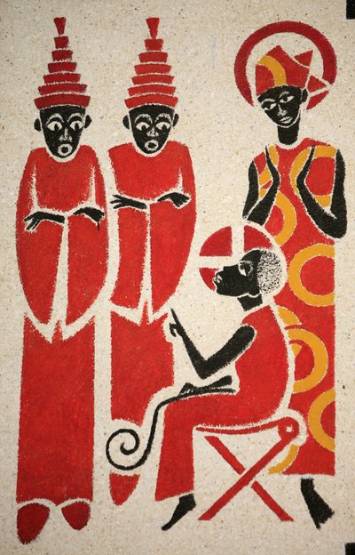 Jezus in de tempel. De fresco van de Keur Moussa abdijkerk werd ontworpen en geschilderd in 1963 door Dom Georges Saget, Keur Moussa, Senegal door Unbekannt