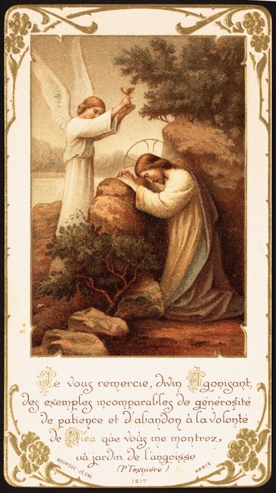 Jezus knielend in gebed in de Hof van Getsemane, een engel presenteert hem een kelk. Begin 20e eeuw (ansichtkaart) door Unbekannter Künstler