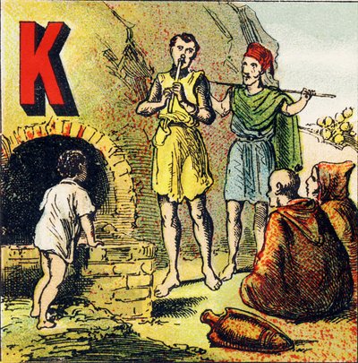 K : Kabylie. Kabylie is een land in Afrika. Het wordt bewoond door Kabyles - Gravure uit Alphabet geographique. Guerin-Muller et Cie, uitgevers, Parijs door Unbekannt