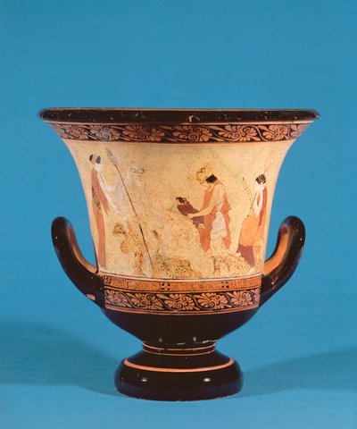 Kalyx krater met Hermes die de baby Dionysus aan de nimfen overhandigt, Etruskisch, c.460 v.Chr. door Unbekannt