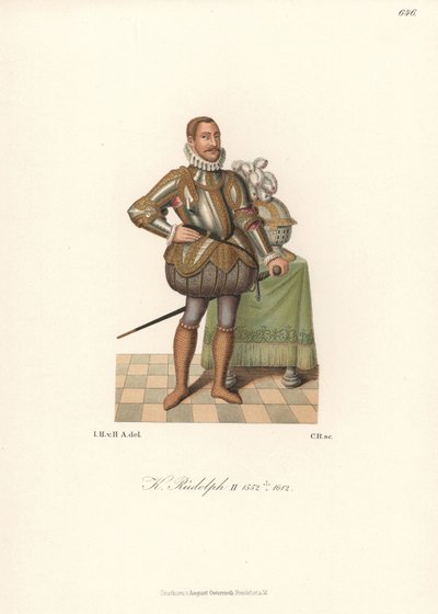 Koning Rudolf II, Heilige Roomse Keizer, Koning van Bohemen, Aartshertog van Oostenrijk (1552-1612). In kanten kraag, plaatpantser versierd met goud, gesneden gewatteerde kousen en maliënkousen. Chromolithografie uit Hefner-Alteneck