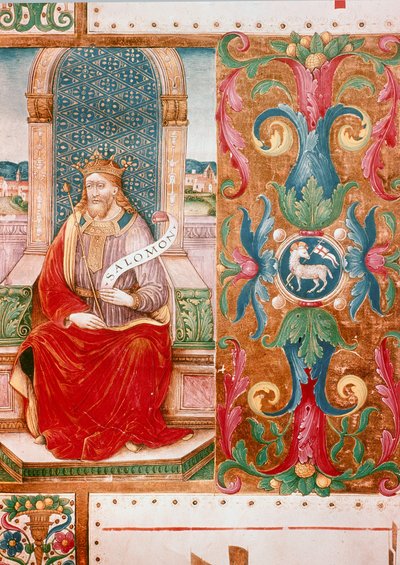 Koning Salomo op de Troon Verlichte Lettrine uit manuscript Ms. K C 43, Florence, Museo del 