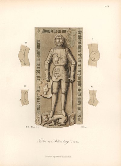 Ridder in harnas 15e eeuw, met details van de bindingen op de knieën en ellebogen - Grafsteen van Peter von Stettenberg, overleden 1441 - Chromolithografie, tekening door Jakob Heinrich von Hefner-Alteneck (1811-1903), voor zijn boek Costumes, crafts and i door Unbekannter Künstler