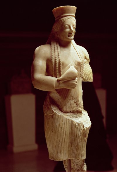 Kore-figuur van een jonge Atheense vrouw met een vogeloffer, Grieks, c.540-530 v.Chr. (marmer en polychroom pigment) door Unbekannt