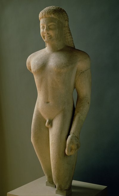 Kouros, Grieks, uit Paros, nabij het heiligdom van Asklepios, c.540 v.Chr. door Unbekannt