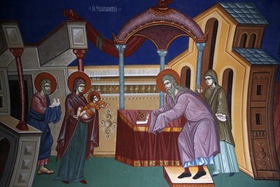 Kykkos klooster, Cyprus. Fresco van de presentatie van Jezus in de tempel, 20150510, Pedoulas, Cyprus door Unbekannt