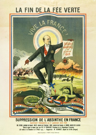 Het einde van de groene fee, lithografie bij het verbod op absint in Frankrijk in 1915 door Unbekannt