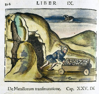 De mijn 16e eeuw: een man duwt een kar vol erts naar de ingang van een mijn door Unbekannt