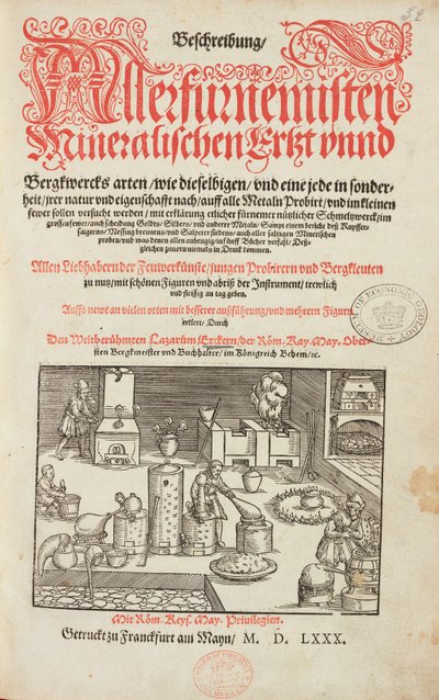 Laboratorium voor mineraalanalyse, met oven, instrumenten en gereedschappen - Titelpagina van Beschrijving van mineralen en de belangrijkste mijnbouwmethoden, door Lazarus Ecker - Alchemie & Vroege Chemie Titelpagina uit een boek over metallurgie door Unbekannt