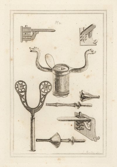 Lanssteun 1,2,3, musketsteun 4,5, coronel of kroon van een steeklans 6, staf of handvat van een steeklans met handbeschermer 7, en steeklans zonder handbeschermer 8 door Unbekannt