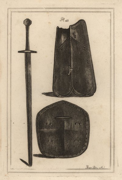 Grote borstplaat of kuras, schild geperforeerd in het midden en tweehands zwaard dat allemaal toebehoorde aan Guy, graaf van Warwick (kopergravure) door Unbekannt