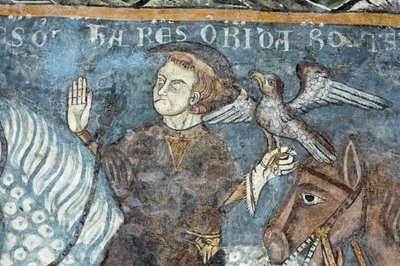 Legende van de stichting van de Abdij van Vezzolano: Koning Karel de Grote (742-814) ging op valkenjacht. Er werd gezegd dat dit de oorsprong was van de bouw van de abdij. Fresco van de kloostergang van de Abdij van Vezzolano. Piëmont, Italië. door Unbekannt