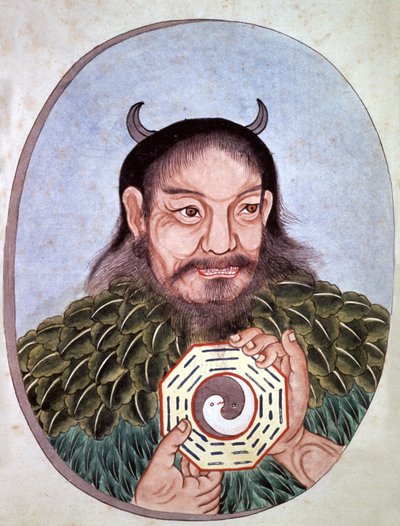 Legendarische Chinese keizer Fu Hi, een van de grondleggers van het Taoïsme (2582 v.Chr.), hij draagt de medaille met Yin en Yang, Chinese gravure, eind 18e eeuw door Unbekannter Künstler