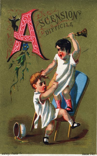 Letter A: Moeilijke beklimming. Gravure in "Alphabet des grotesques". Serie van 25 reclamechromolithografieën op een gouden achtergrond, eind 19e eeuw. door Unbekannt