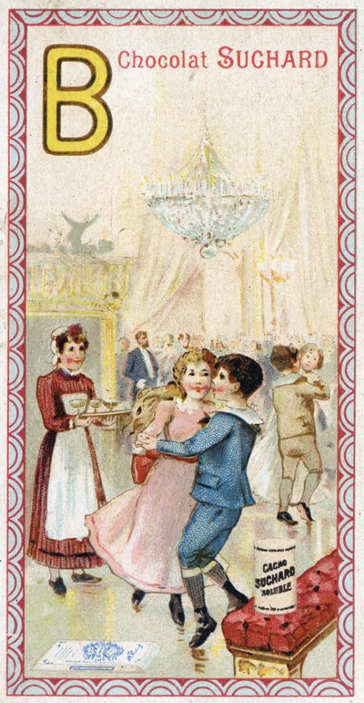Letter B: bal, balkon, drankjes, kaarsen, dienstmeid, bank. Gravure van het Alfabet uitgegeven door Chocolat Suchard, begin 20e eeuw. door Unbekannt