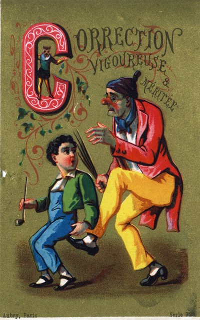 Letter C: Sterke en verdiende correctie. Gravure in "Alphabet des grotesques". Serie van 25 reclamechromolithografieën op een gouden achtergrond, eind 19e eeuw. door Unbekannt