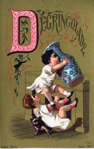 Letter D: Degringolade. Gravure in "Alphabet des grotesques". Serie van 25 reclamechromolithografieën op een gouden achtergrond, eind 19e eeuw. door Unbekannt